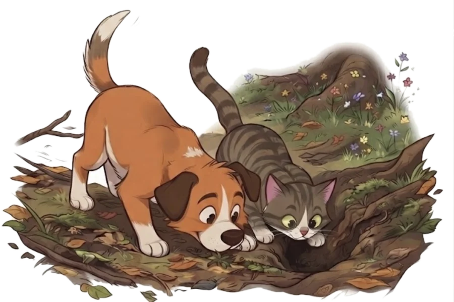 El perro y el gato de Huellas a Casa buscando juntos