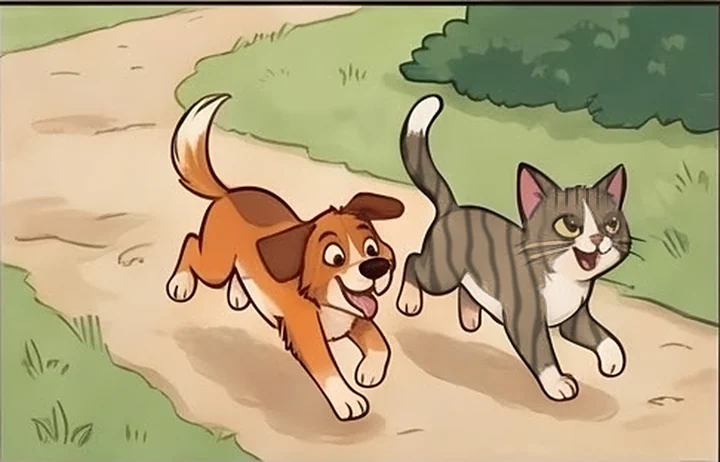 El perro y el gato de Huellas a Casa corriendo juntos