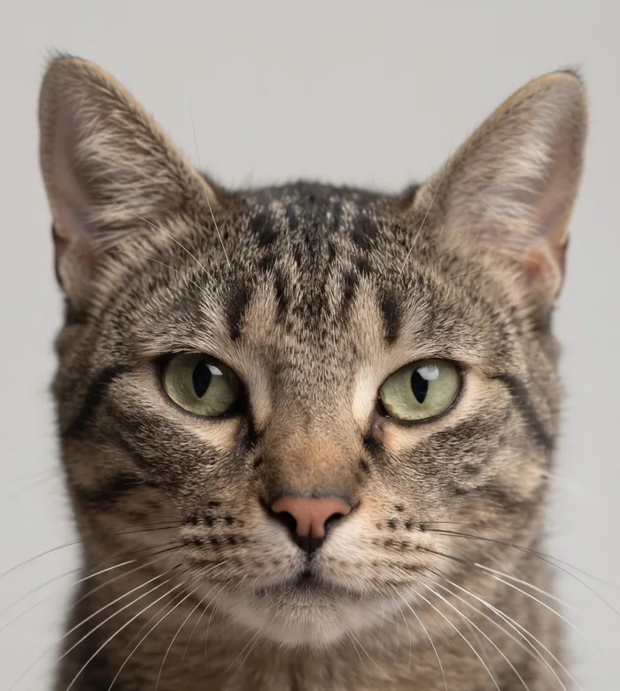 Un gato atigrado mirando a cámara, parecido al michi de nuestra historia